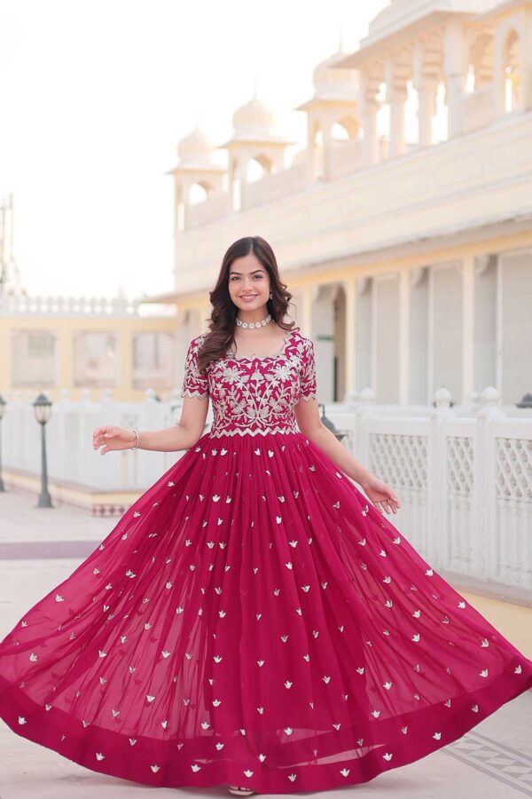 Hot Pink Georgette Gown with Embroidered Bodice & Silver Motifs