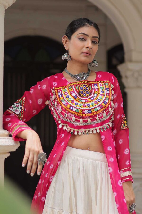 Pink Kora Cotton Lehenga with Bandhani Kutchi Work Kurti Set