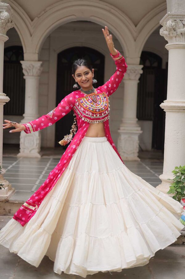 Pink Kora Cotton Lehenga with Bandhani Kutchi Work Kurti Set