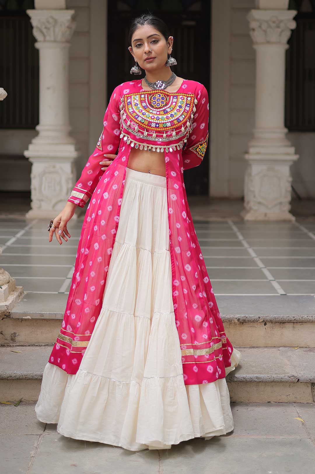 Pink Kora Cotton Lehenga with Bandhani Kutchi Work Kurti Set