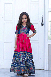 Pink Patola Designer Dola Silk Kids Gown / Frock