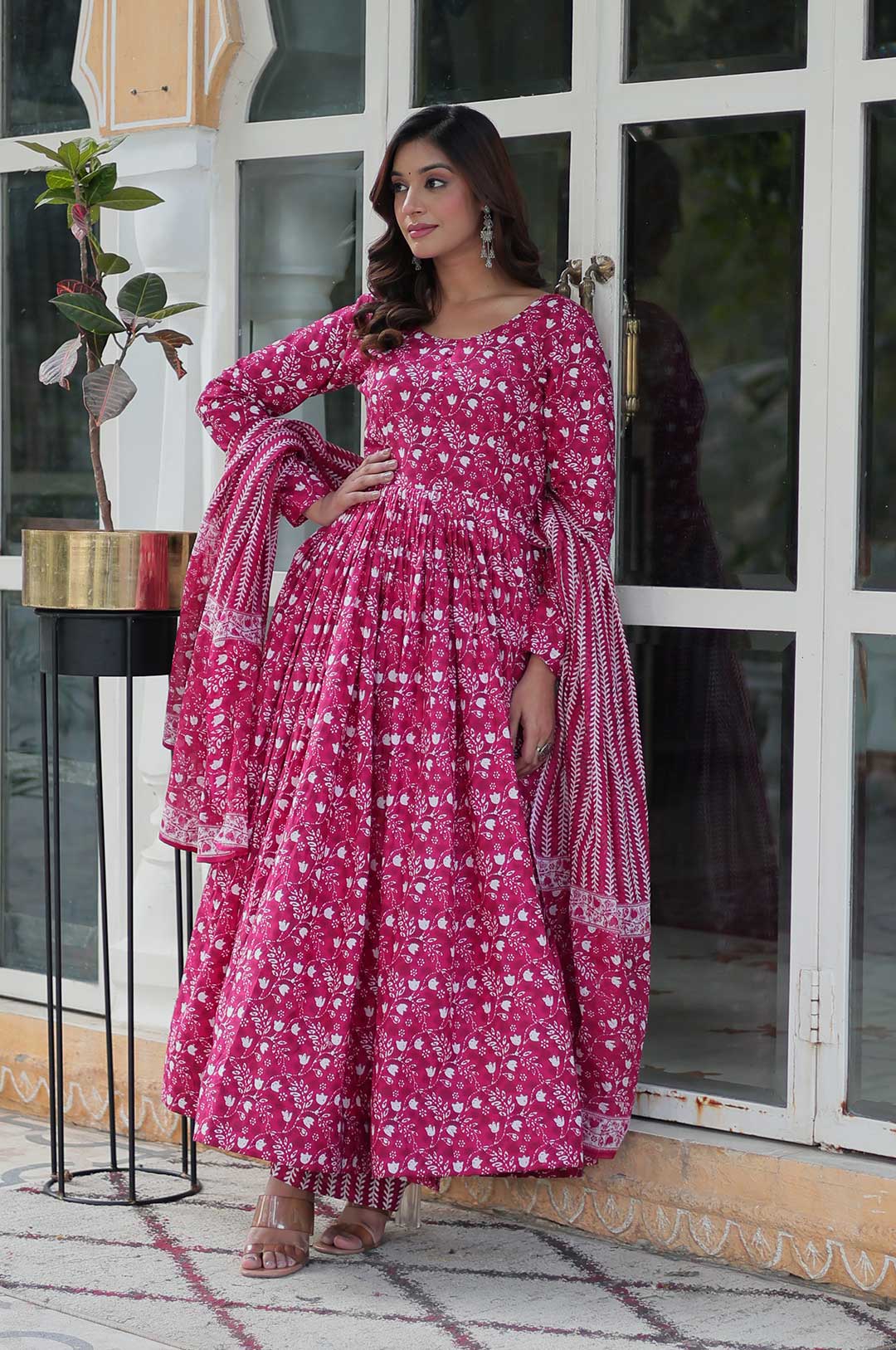 Pink Pure Cotton Anarkali Set with Printed Dupatta – Bloom with Every Step
