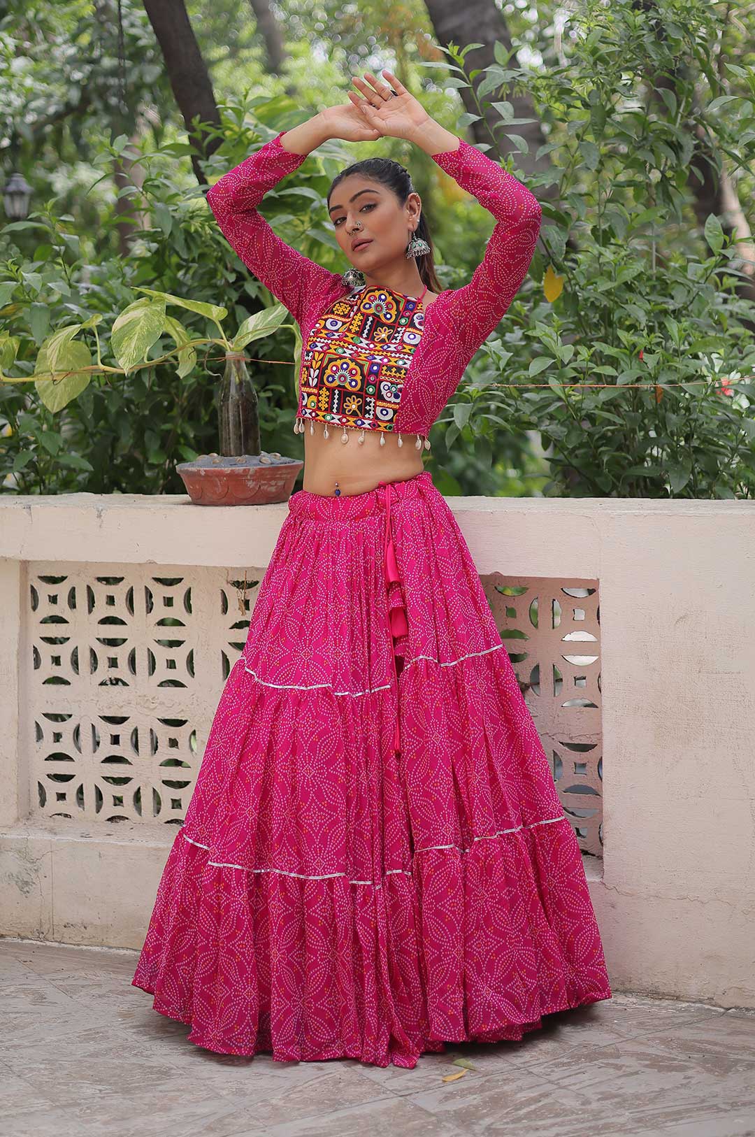 Pink Traditional Bandhej Lehenga Choli Set with Gotta Patti & Gamthi Embroidery