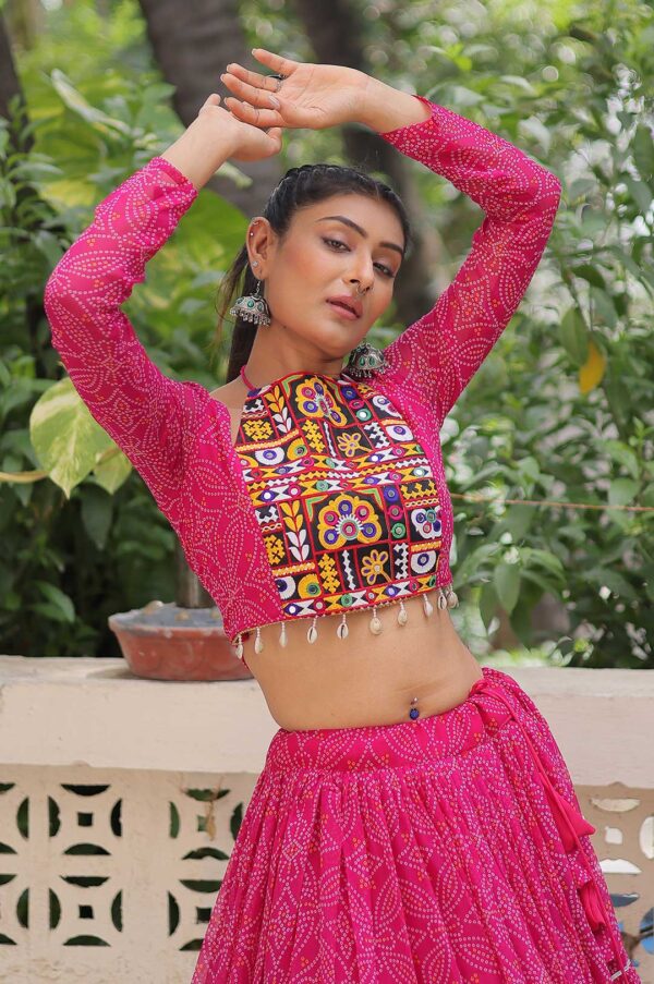 Pink Traditional Bandhej Lehenga Choli Set with Gotta Patti & Gamthi Embroidery