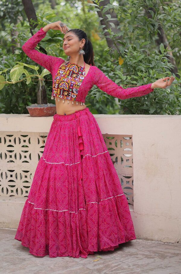 Pink Traditional Bandhej Lehenga Choli Set with Gotta Patti & Gamthi Embroidery