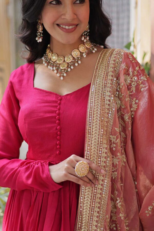 Pink Viscose Georgette Gown with Heavy Zari & Sequence Work and Dupatta