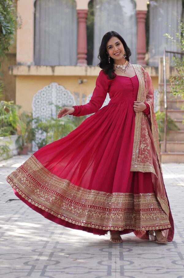 Pink Viscose Georgette Gown with Heavy Zari & Sequence Work and Dupatta