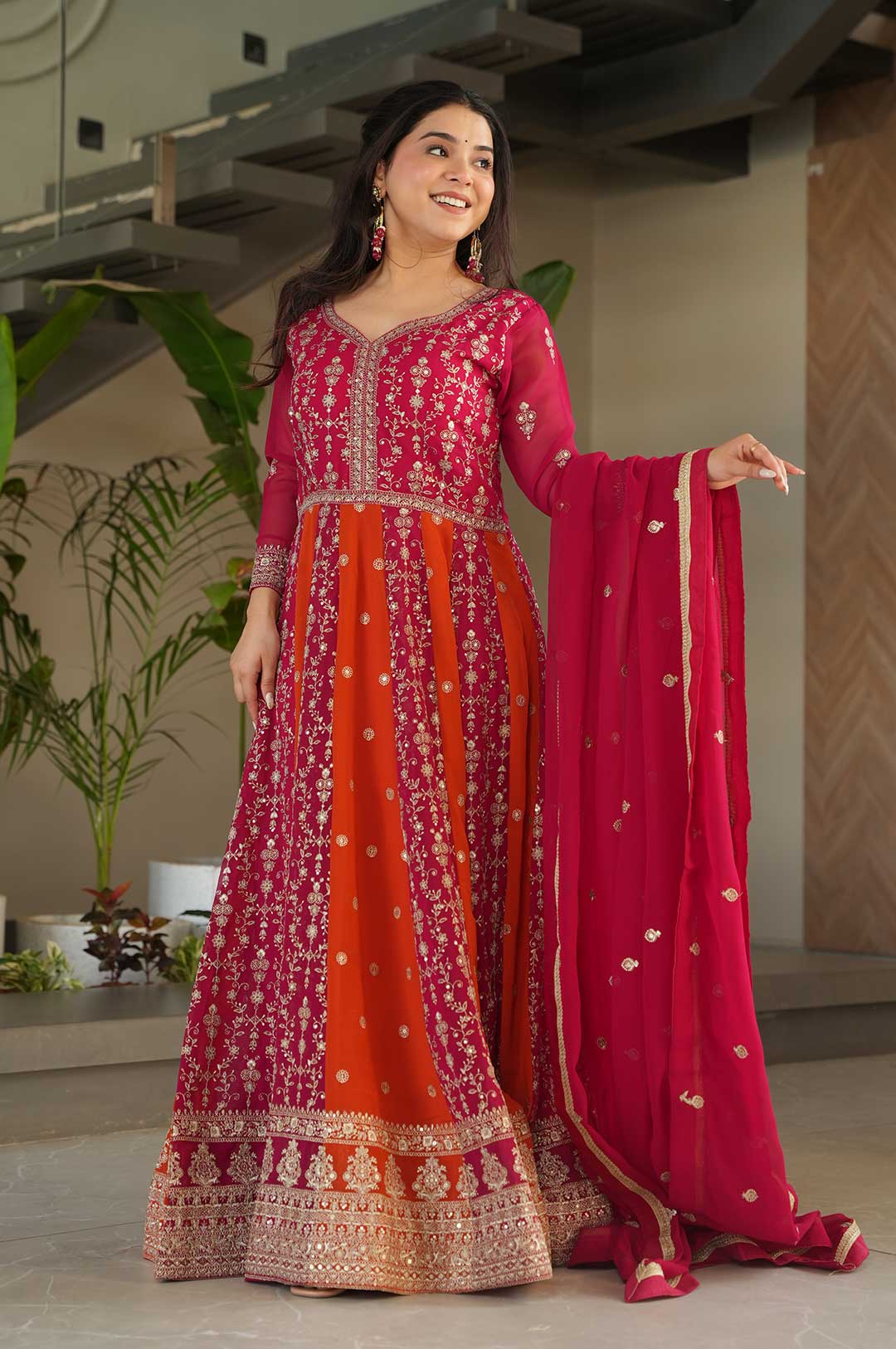Pink Zari Embroidered Faux Blooming Gown with Dupatta