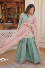 Pista-Green-Georgette-Sharara-Suit-with-Embroidered-Yoke-and-Dupatta
