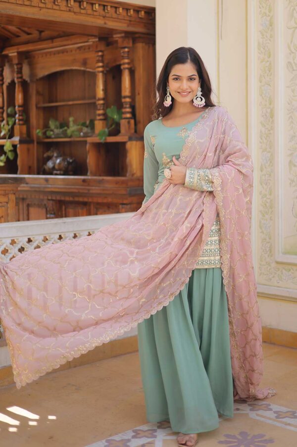 Pista Green Georgette Sharara Suit with Embroidered Yoke and Dupatta