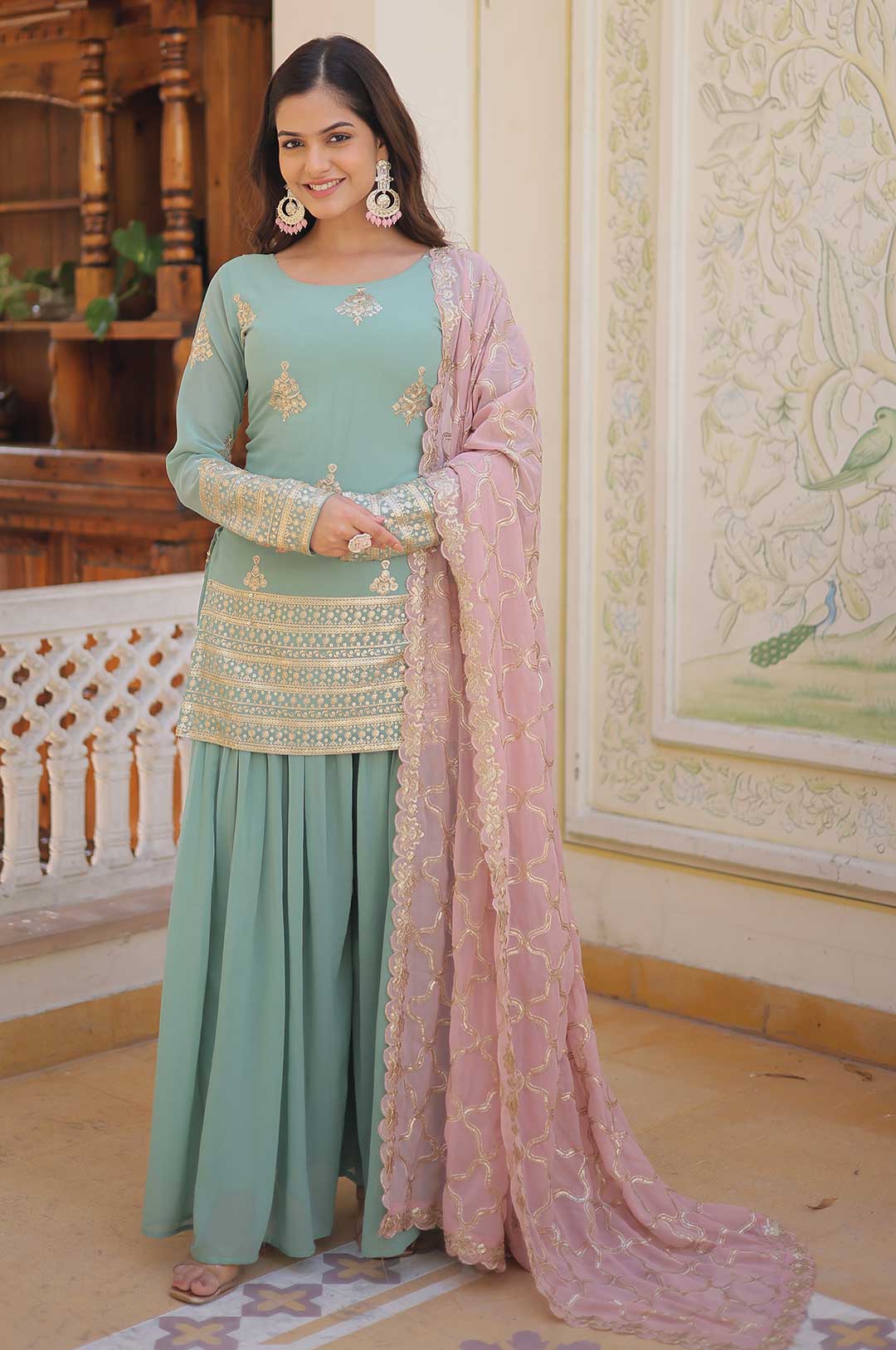 Pista Green Georgette Sharara Suit with Embroidered Yoke and Dupatta