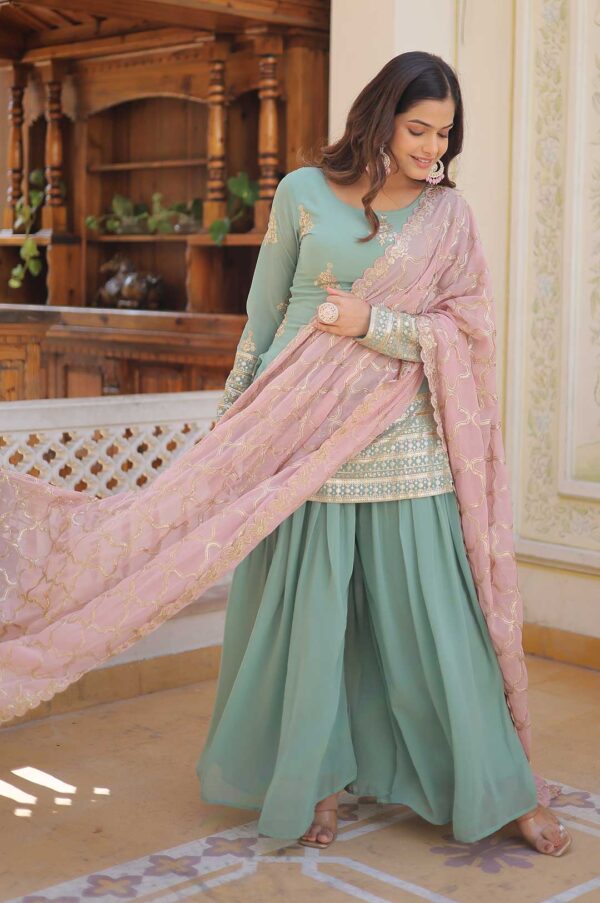 Pista Green Georgette Sharara Suit with Embroidered Yoke and Dupatta
