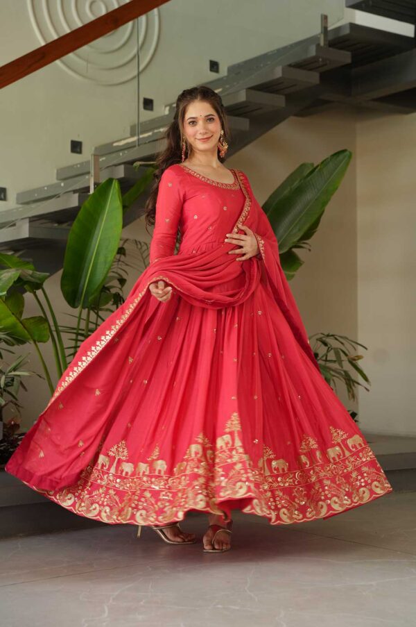 Peach Exquisite Chinnon Gown with Embroidery Zari Sequins-Work & Designer Dupatta