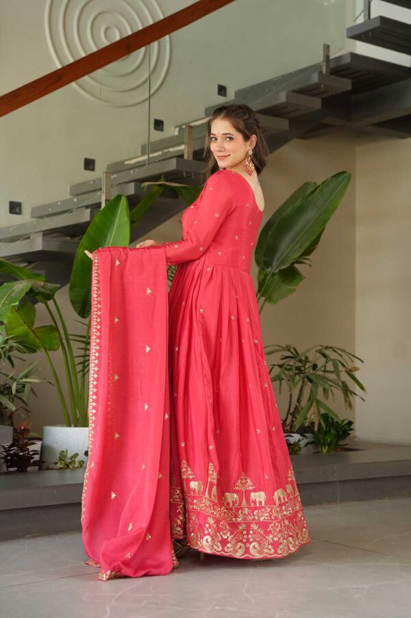 Peach Exquisite Chinnon Gown with Embroidery Zari Sequins-Work & Designer Dupatta