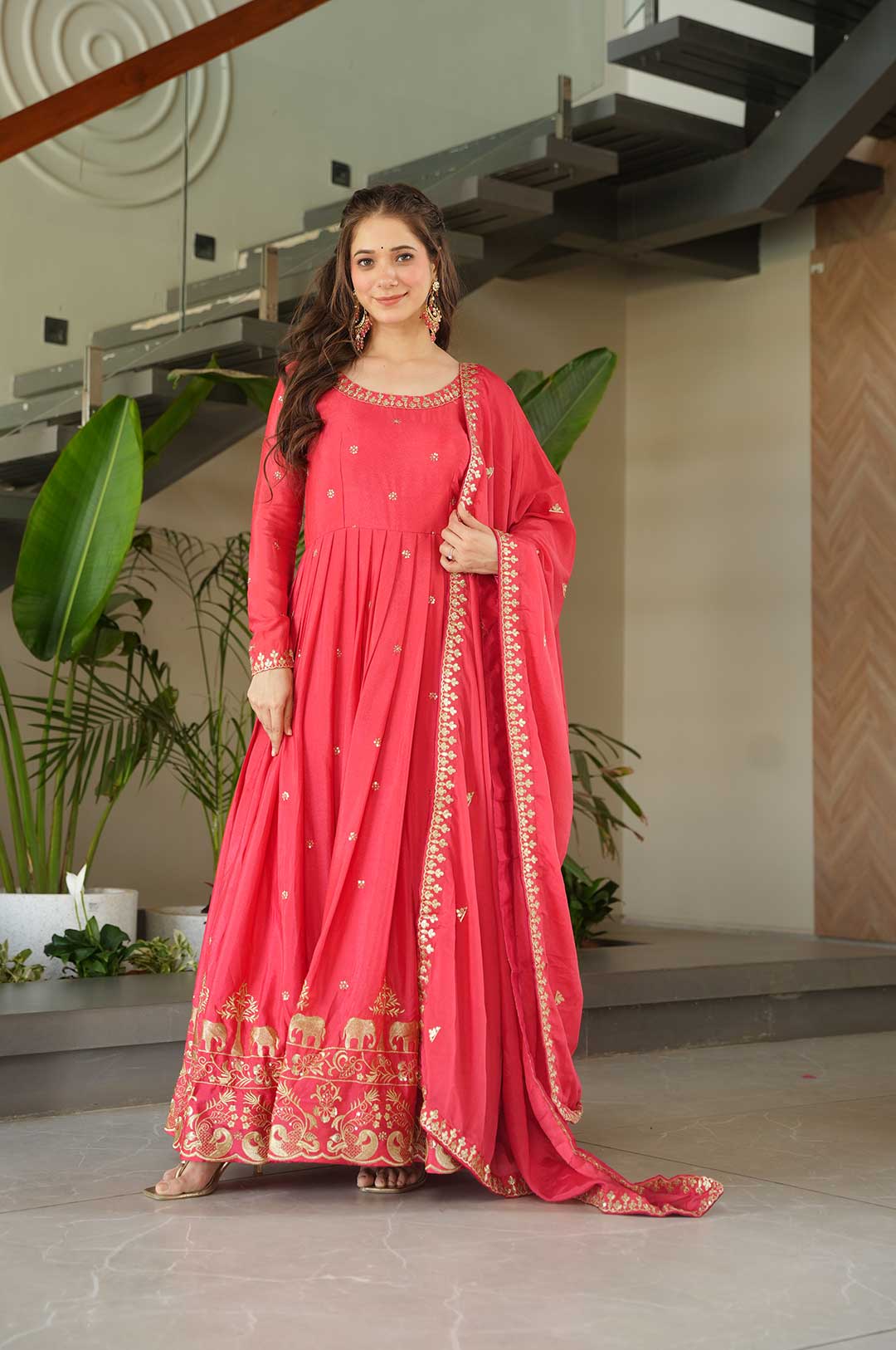 Peach Exquisite Chinnon Gown with Embroidery Zari Sequins-Work & Designer Dupatta
