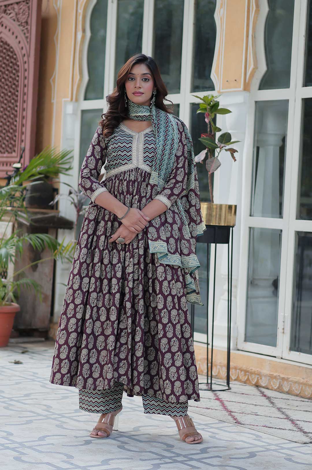 Wine Pure Cotton Anarkali Suit with Dupatta – Bold Elegance & All-Day Comfort