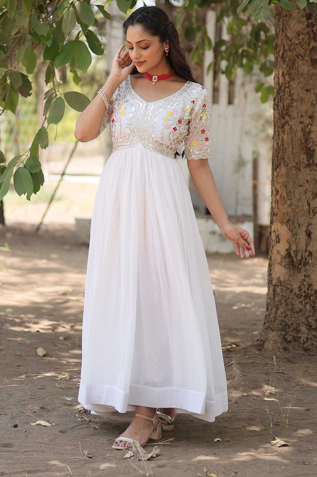 Pure Elegance in White – Embroidered Zari Sequins Faux Blooming Gown