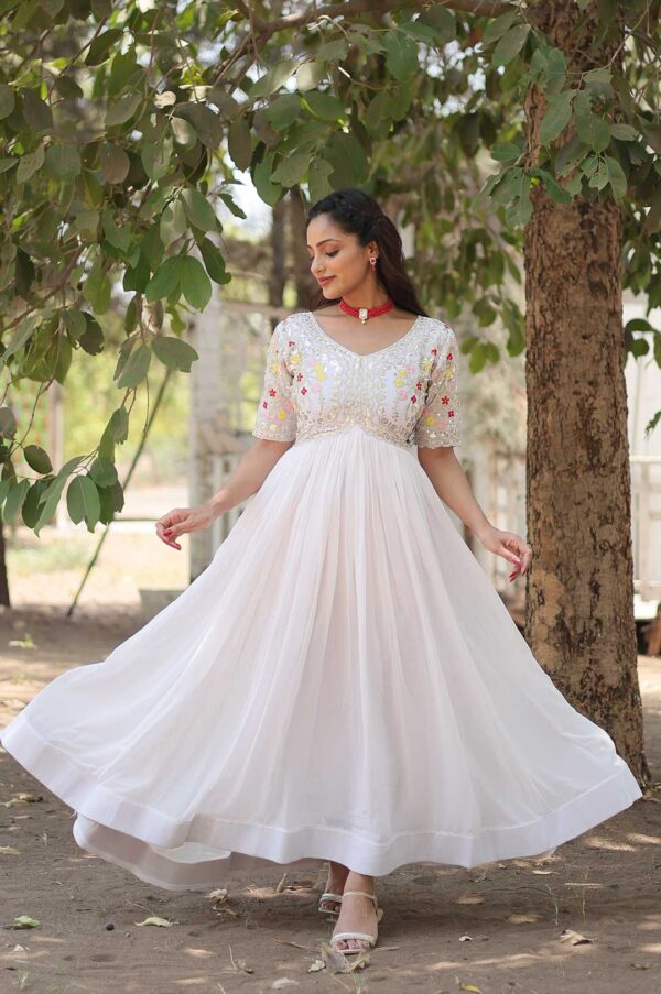 Pure Elegance in White – Embroidered Zari Sequins Faux Blooming Gown