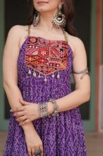 Purple-Bandhani-Print-Georgette-Gown-with-Embroidered-&amp;-Mirror-Work-Yoke