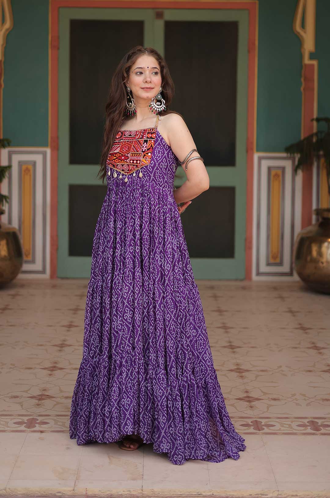Purple Bandhani Print Georgette Gown with Embroidered & Mirror Work Yoke