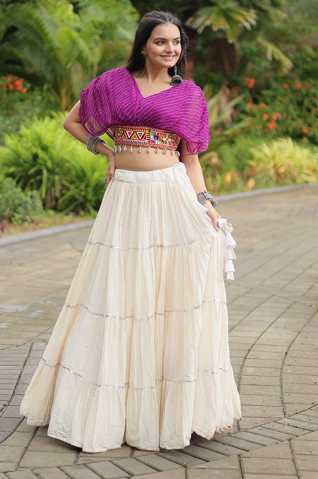 Purple Designer Kora Cottan Lehenga With Leheriya & Kutchi Patchwork Blouse