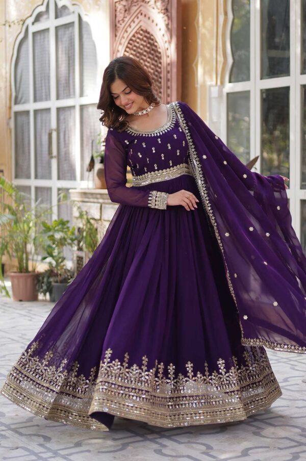 Purple Elegant Faux Blooming Gown with Round Neck & Designer Dupatta