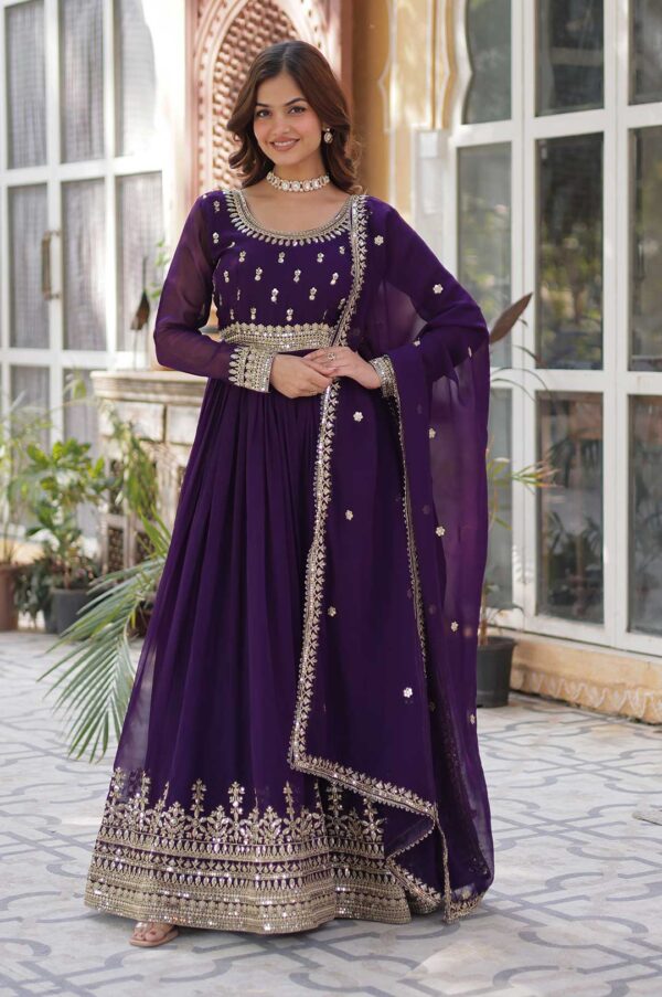 Purple Elegant Faux Blooming Gown with Round Neck & Designer Dupatta