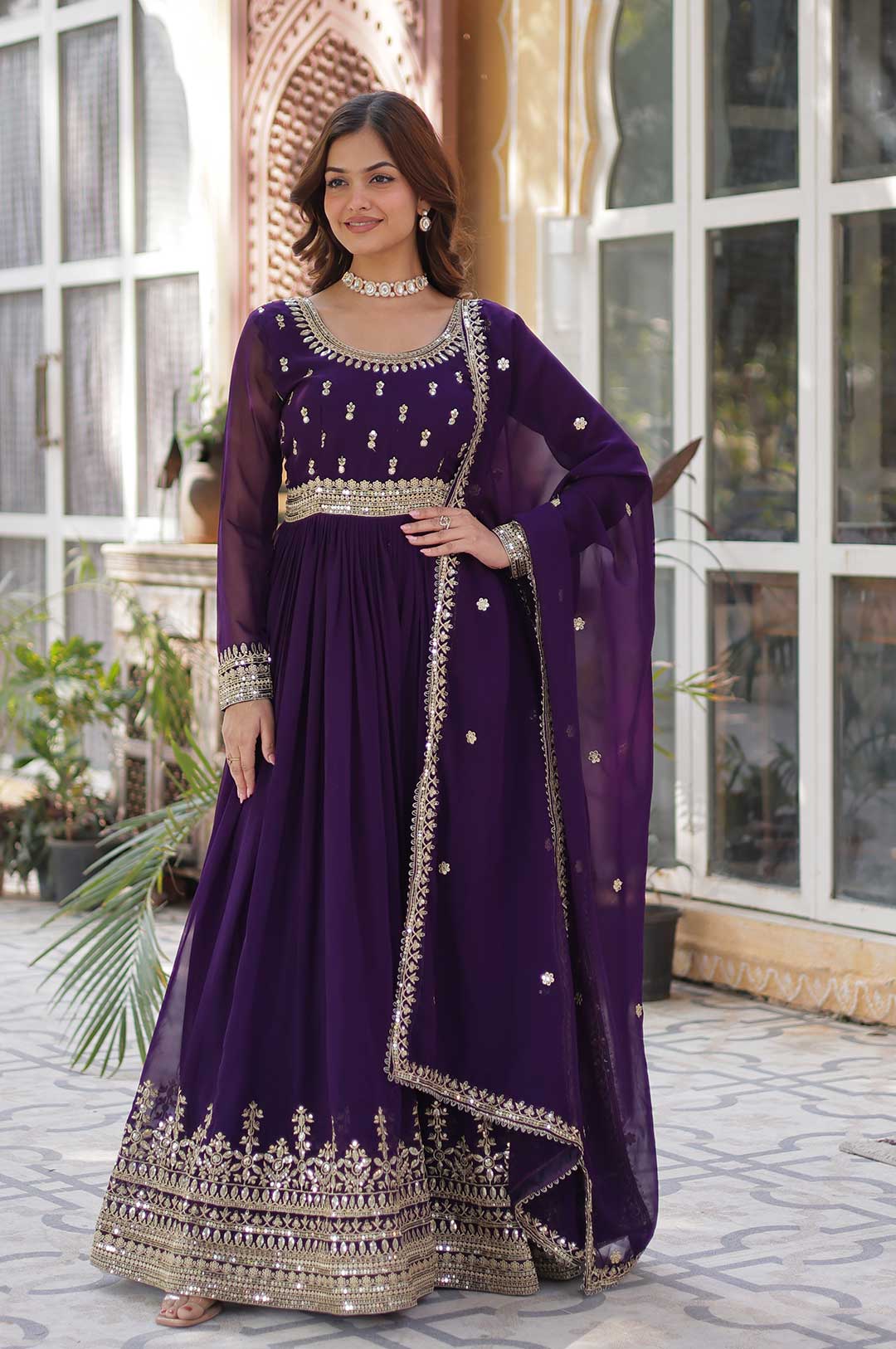Purple Elegant Faux Blooming Gown with Round Neck & Designer Dupatta