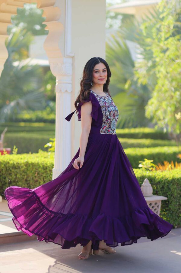 Purple Embroidered Frill Gown – Royalty in Every Move