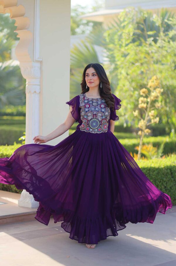 Purple Embroidered Frill Gown – Royalty in Every Move