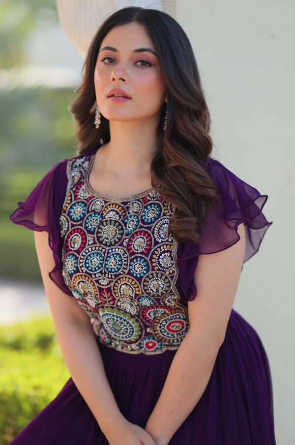 Purple Embroidered Frill Gown – Royalty in Every Move