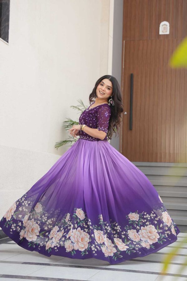 Purple Exquisite Faux Blooming Gown with Beads Embroidery & Rich Floral Digital Print