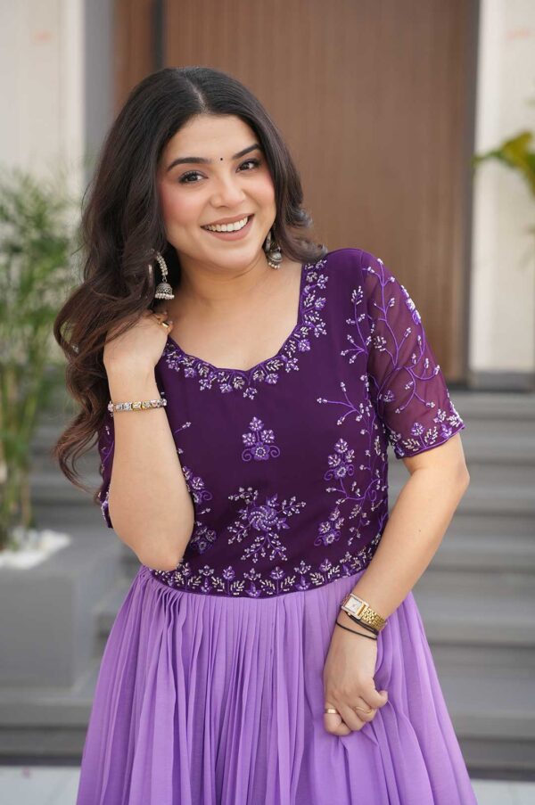 Purple Exquisite Faux Blooming Gown with Beads Embroidery & Rich Floral Digital Print