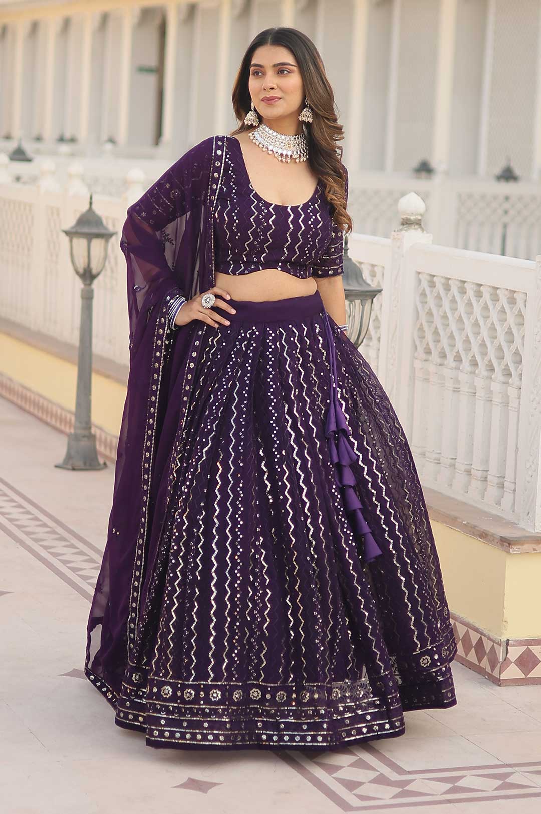 Purple Faux Blooming Heavy Embroidered Lehenga Choli Set with Dupatta