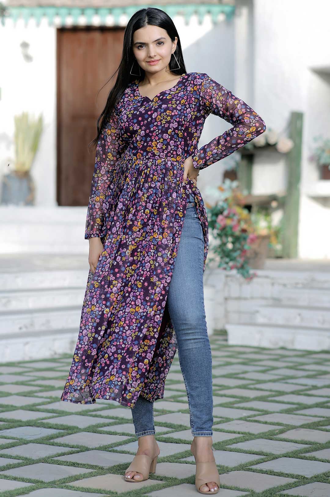 Purple Floral Print Georgette Kurta with Side Slits and Full Sleeves