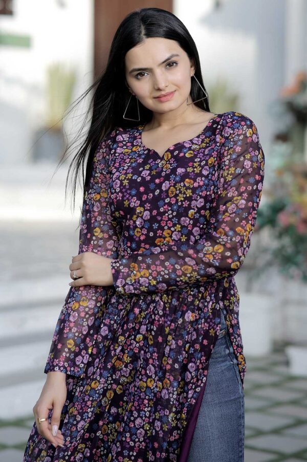 Purple Floral Print Georgette Kurta with Side Slits and Full Sleeves