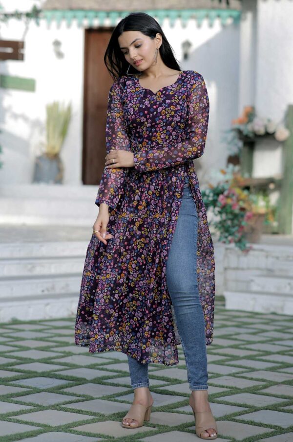 Purple Floral Print Georgette Kurta with Side Slits and Full Sleeves