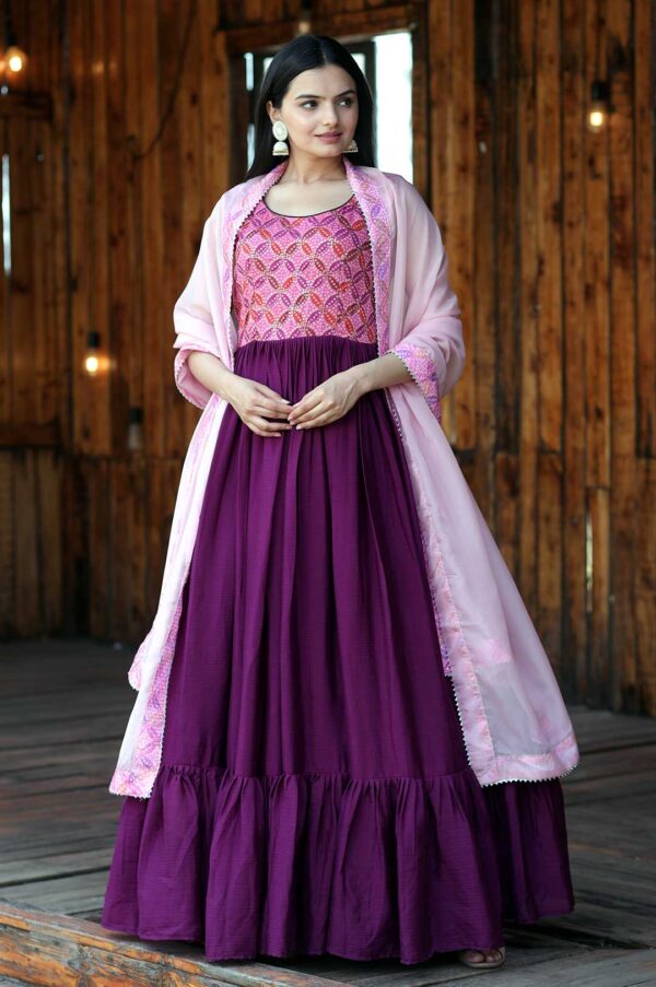 Purple Georgette Gown with Embroidered Bodice and Pink Dupatta