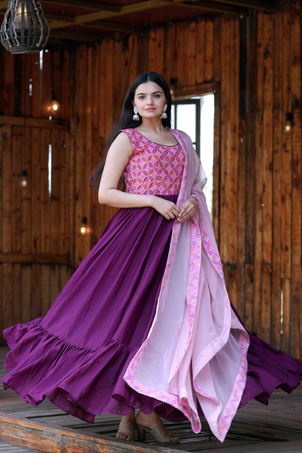 Purple Georgette Gown with Embroidered Bodice and Pink Dupatta