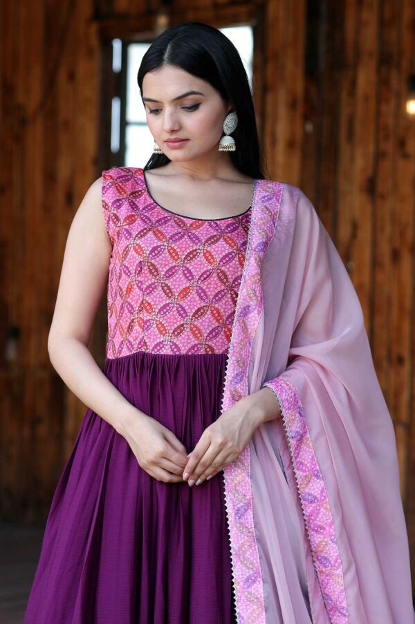 Purple Georgette Gown with Embroidered Bodice and Pink Dupatta