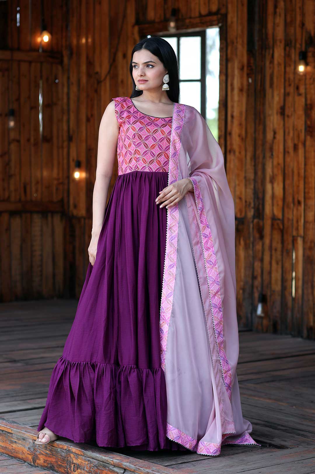 Purple Georgette Gown with Embroidered Bodice and Pink Dupatta