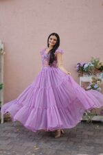 Purple-Georgette-Gown-with-Embroidered-Bodice-and-Tiered-Ruffle-Hem