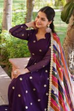 Purple-Georgette-Gown-with-Gold-Motifs-&amp;-Multi-Colored-Dupatta