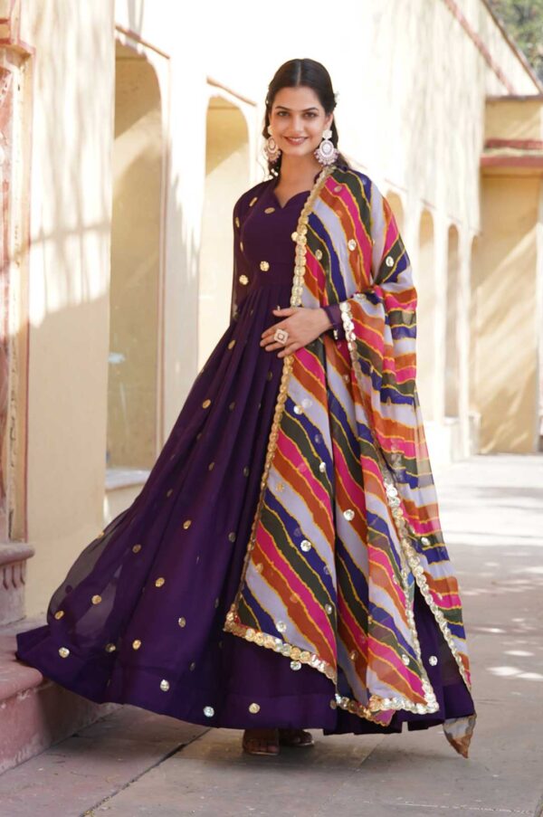 Purple Georgette Gown with Gold Motifs & Multi-Colored Dupatta