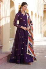 Purple-Georgette-Gown-with-Gold-Motifs-&amp;-Multi-Colored-Dupatta-3