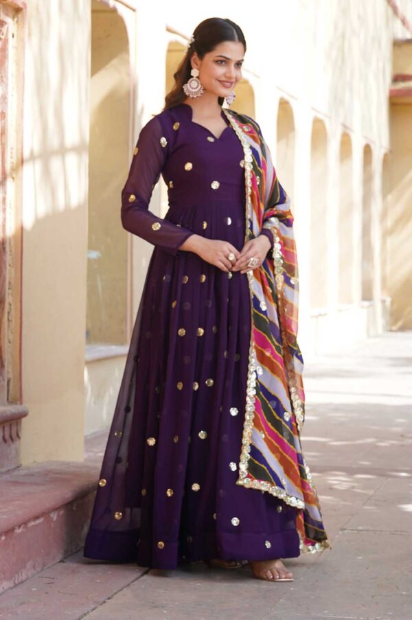 Purple Georgette Gown with Gold Motifs & Multi-Colored Dupatta