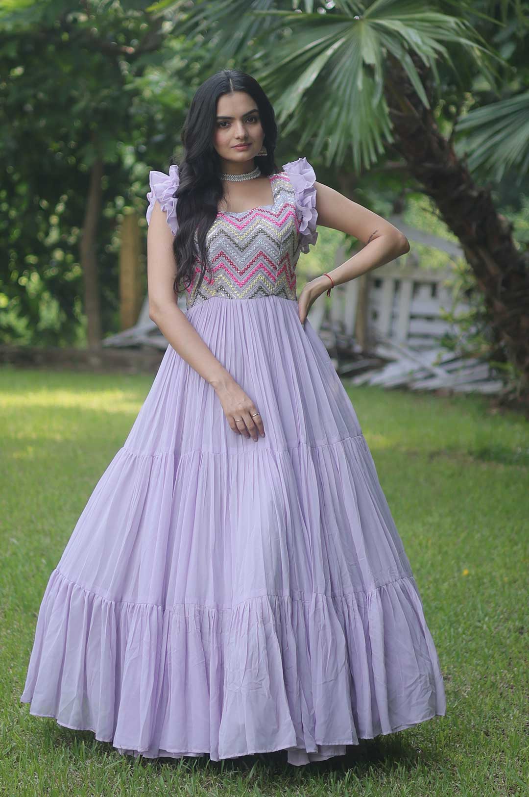 Purple Georgette Gown with Heavy Beaded & Sequin Work and Ruffled Hem
