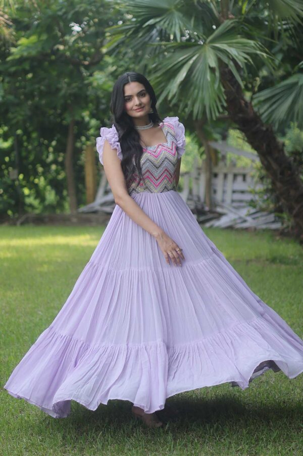 Purple Georgette Gown with Heavy Beaded & Sequin Work and Ruffled Hem