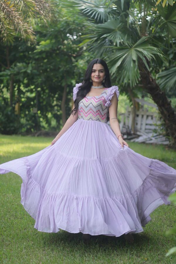 Purple Georgette Gown with Heavy Beaded & Sequin Work and Ruffled Hem