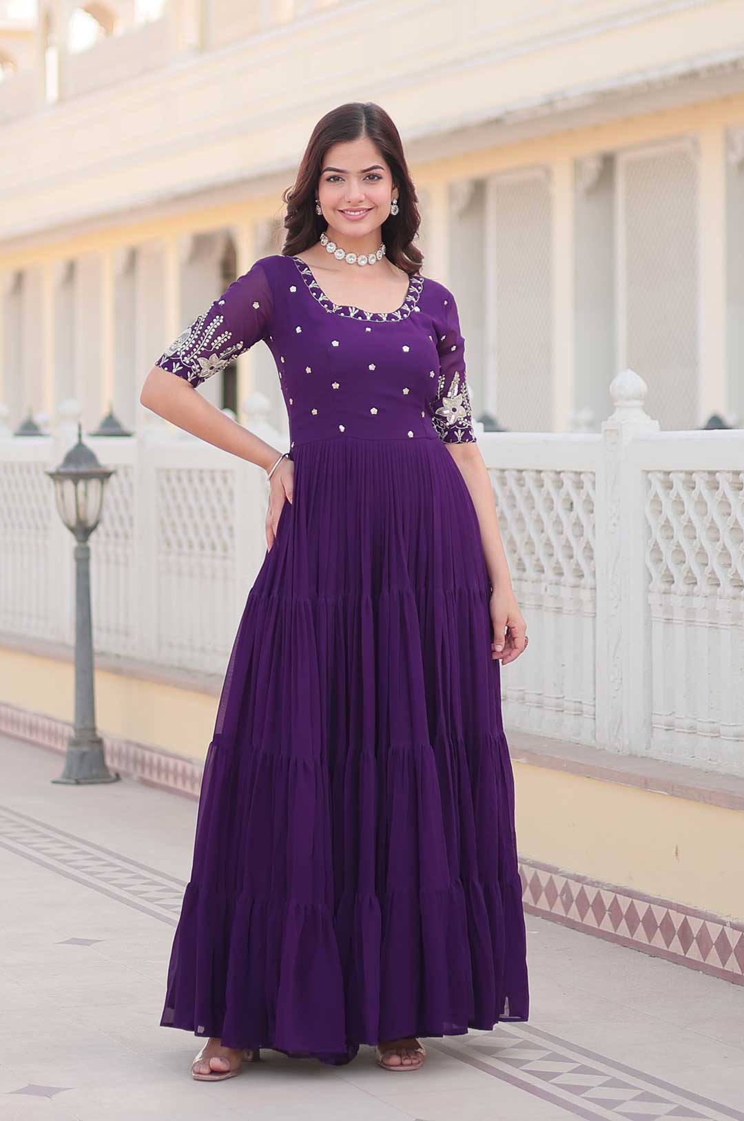 Majestic Elegance – Purple Gown with 12-Meter Flair